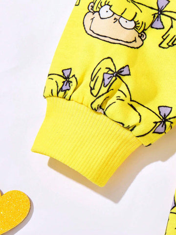 Young Girl Yellow Cute & Lively Cartoon Graphic Splicing Round Neck Long Sleeve Dress