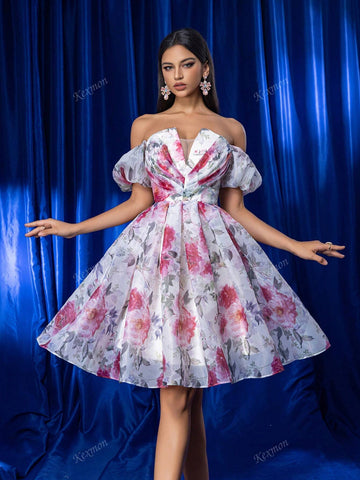 [Non-Positioning Flower] Elegant Romantic Pink Floral Organza Strapless Off-Shoulder Short Sleeve Guest Wedding Bridesmaid Dress, Short Party Cocktail Dress, Heavily Embellished Evening Gown