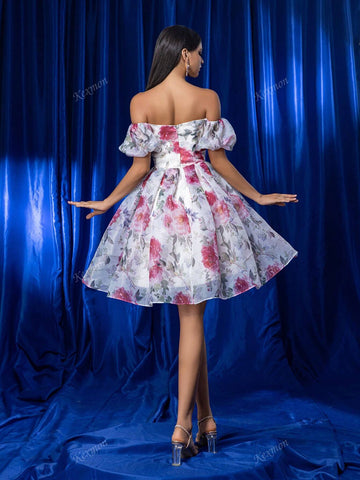 [Non-Positioning Flower] Elegant Romantic Pink Floral Organza Strapless Off-Shoulder Short Sleeve Guest Wedding Bridesmaid Dress, Short Party Cocktail Dress, Heavily Embellished Evening Gown