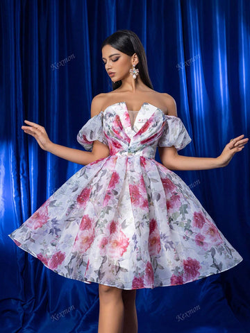 [Non-Positioning Flower] Elegant Romantic Pink Floral Organza Strapless Off-Shoulder Short Sleeve Guest Wedding Bridesmaid Dress, Short Party Cocktail Dress, Heavily Embellished Evening Gown