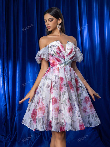 [Non-Positioning Flower] Elegant Romantic Pink Floral Organza Strapless Off-Shoulder Short Sleeve Guest Wedding Bridesmaid Dress, Short Party Cocktail Dress, Heavily Embellished Evening Gown