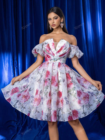 [Non-Positioning Flower] Elegant Romantic Pink Floral Organza Strapless Off-Shoulder Short Sleeve Guest Wedding Bridesmaid Dress, Short Party Cocktail Dress, Heavily Embellished Evening Gown