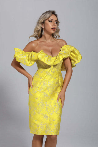 Nova Yellow Jacquard Off-shoulder Dress