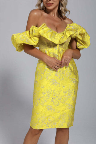 Nova Yellow Jacquard Off-shoulder Dress