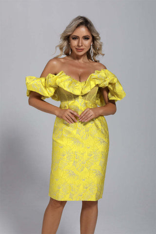 Nova Yellow Jacquard Off-shoulder Dress