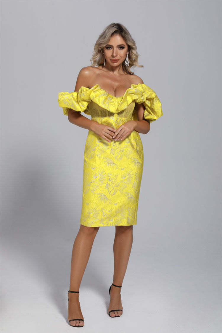 Nova Yellow Jacquard Off-shoulder Dress