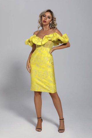 Nova Yellow Jacquard Off-shoulder Dress