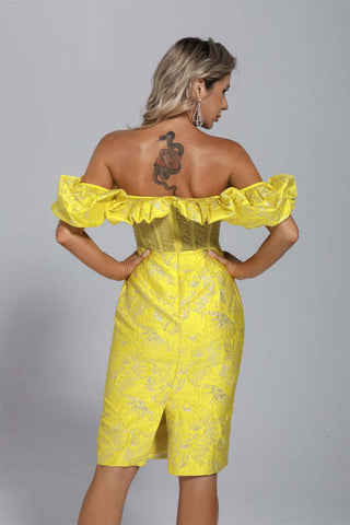 Nova Yellow Jacquard Off-shoulder Dress