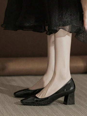 Nude Color Chunky Heeled Women Pumps, French Square Toe High Heel Shoes For Commuting