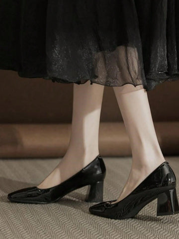 Nude Color Chunky Heeled Women Pumps, French Square Toe High Heel Shoes For Commuting