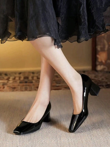 Nude Color Chunky Heeled Women Pumps, French Square Toe High Heel Shoes For Commuting