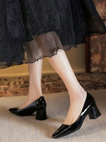 Nude Color Chunky Heeled Women Pumps, French Square Toe High Heel Shoes For Commuting