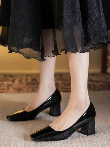 Nude Color Chunky Heeled Women Pumps, French Square Toe High Heel Shoes For Commuting