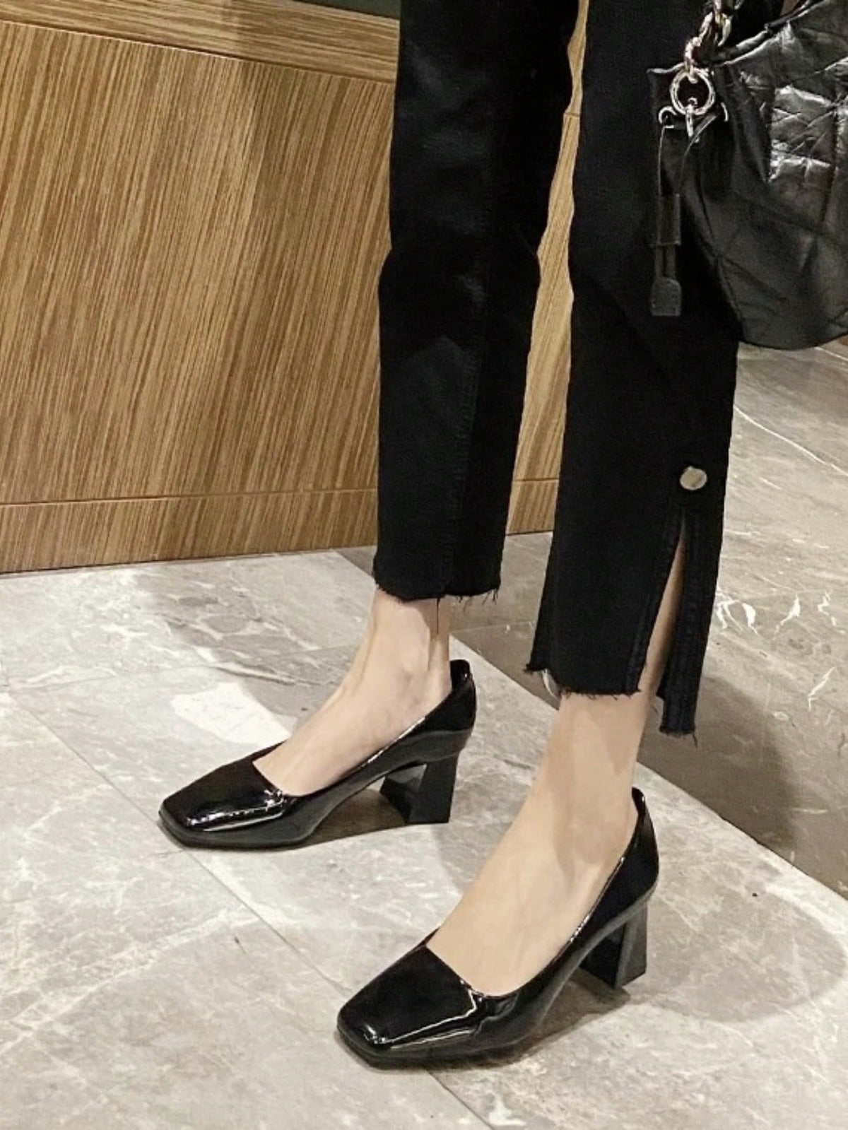 Nude Color Chunky Heeled Women Pumps, French Square Toe High Heel Shoes For Commuting