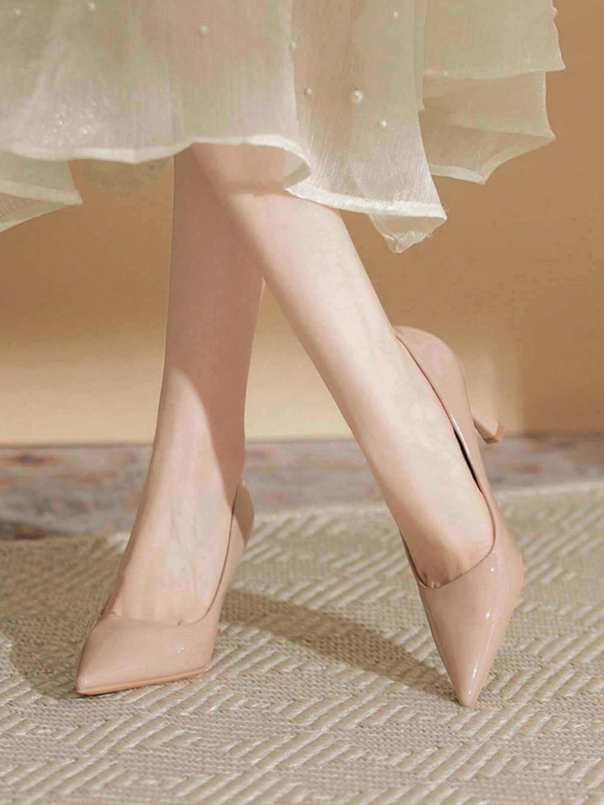 Nude Color Versatile High Heels, Sexy Patent Leather Pumps With Pointed Toe And Slim Heel,