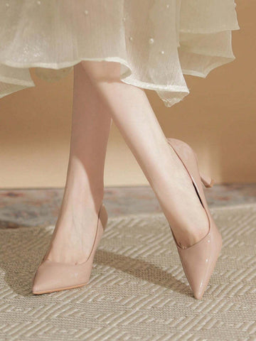 Nude Color Versatile High Heels, Sexy Patent Leather Pumps With Pointed Toe And Slim Heel,