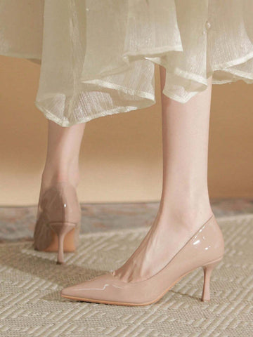 Nude Color Versatile High Heels, Sexy Patent Leather Pumps With Pointed Toe And Slim Heel,