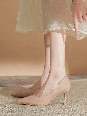 Nude Color Versatile High Heels, Sexy Patent Leather Pumps With Pointed Toe And Slim Heel,