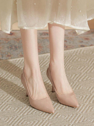 Nude Color Versatile High Heels, Sexy Patent Leather Pumps With Pointed Toe And Slim Heel,