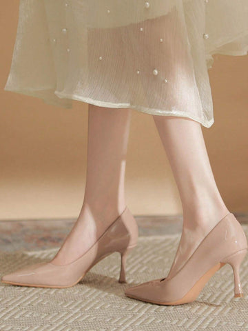Nude Color Versatile High Heels, Sexy Patent Leather Pumps With Pointed Toe And Slim Heel,