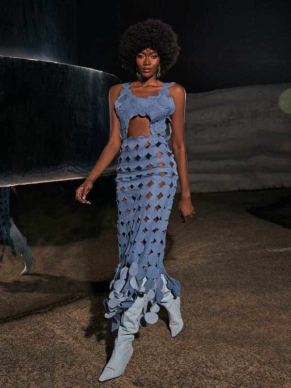 Nyx Circle Cutout Fringe Denim Maxi Dress