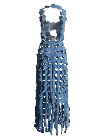 Nyx Circle Cutout Fringe Denim Maxi Dress