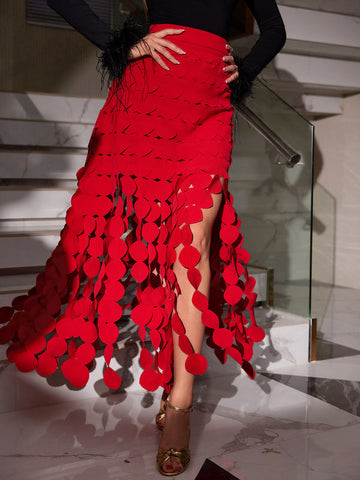 Nyx Circle Cutout Fringe Skirt In Red