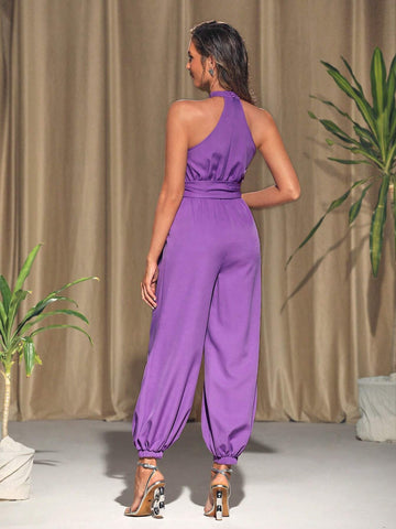 ODELIAR Women's Solid Color Hollow Out Cross Halter Jumpsuit