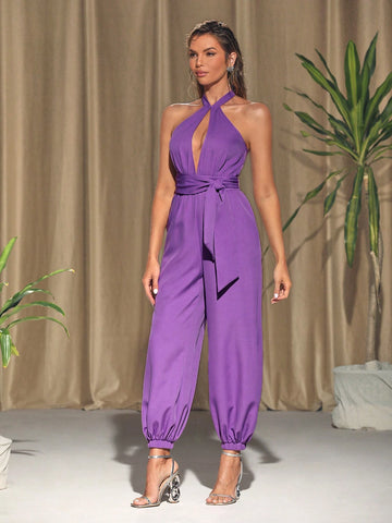 ODELIAR Women's Solid Color Hollow Out Cross Halter Jumpsuit