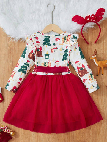 Young Girl Knitted Long Sleeve Dress, White Mesh Christmas Dress, Fashion Style, Soft & Cozy Fabric, Graphic Print