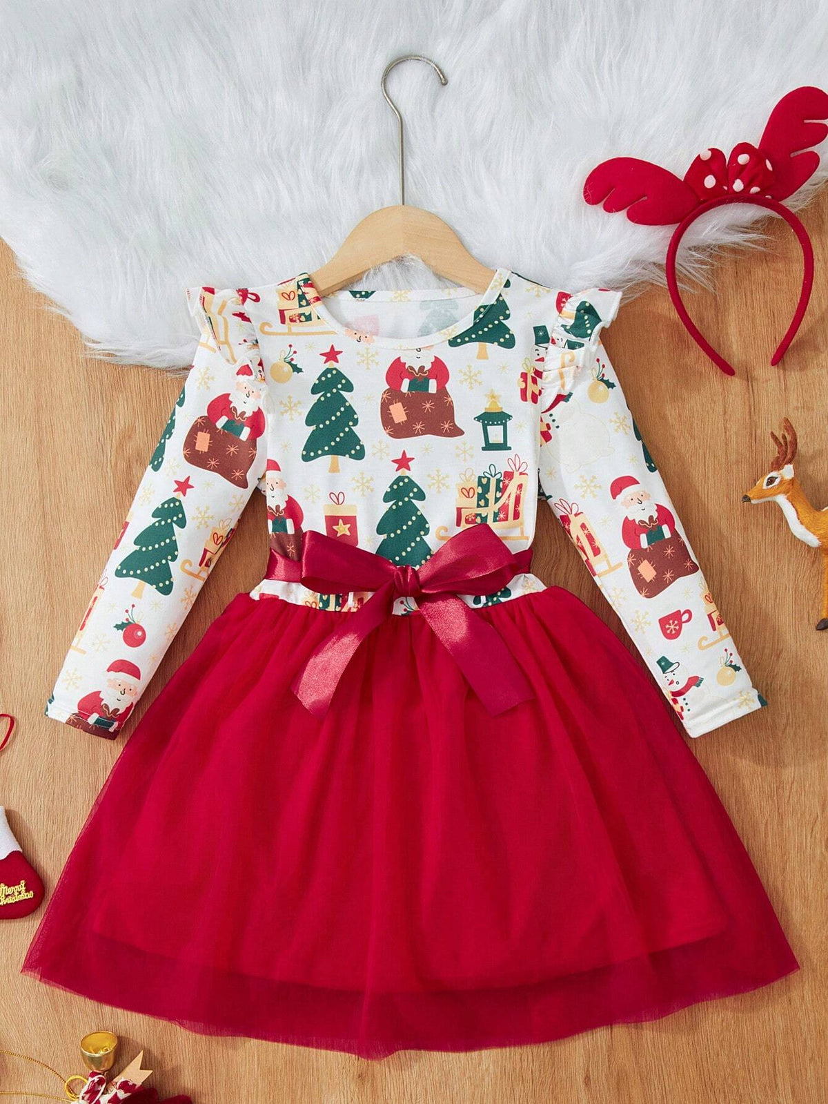 Young Girl Knitted Long Sleeve Dress, White Mesh Christmas Dress, Fashion Style, Soft & Cozy Fabric, Graphic Print