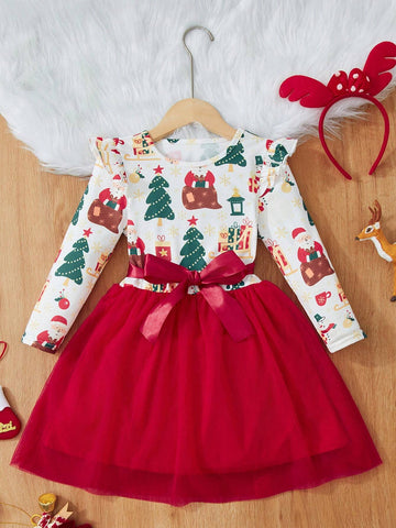 Young Girl Knitted Long Sleeve Dress, White Mesh Christmas Dress, Fashion Style, Soft & Cozy Fabric, Graphic Print