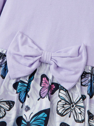 Young Girl Long Sleeve Dress, Soft & Comfortable, Bowknot Decor, Butterfly Print, Butterfly Patchwork Dress
