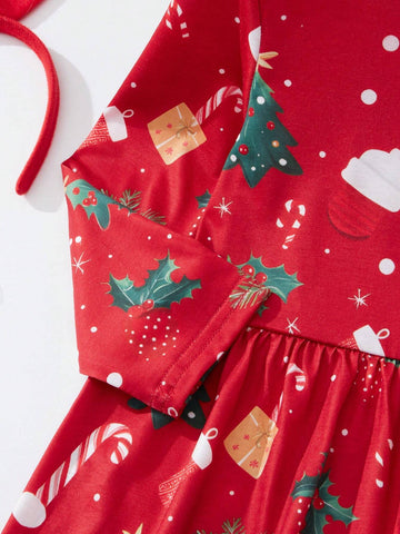 Young Girl Red Long Sleeve Knit Christmas Tree Print Dress