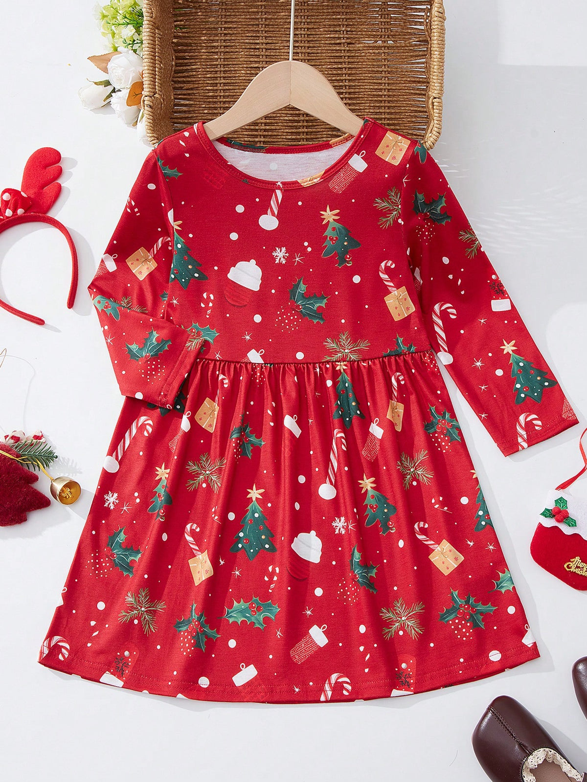 Young Girl Red Long Sleeve Knit Christmas Tree Print Dress
