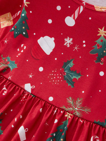 Young Girl Red Long Sleeve Knit Christmas Tree Print Dress