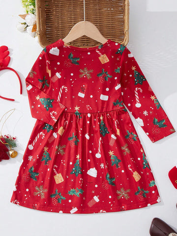 Young Girl Red Long Sleeve Knit Christmas Tree Print Dress