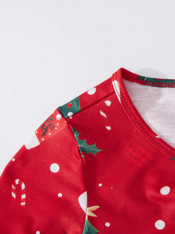 Young Girl Red Long Sleeve Knit Christmas Tree Print Dress