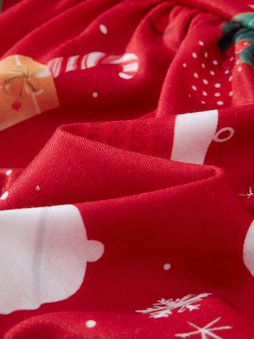 Young Girl Red Long Sleeve Knit Christmas Tree Print Dress