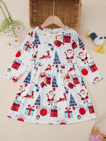 Young Girl White Long Sleeve Soft & Comfortable Round Neck Christmas Santa Claus Print Princess Party Dress, Autumn Winter
