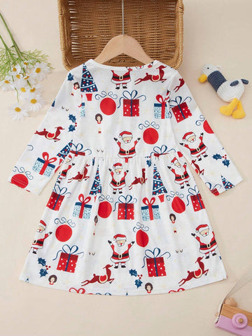 Young Girl White Long Sleeve Soft & Comfortable Round Neck Christmas Santa Claus Print Princess Party Dress, Autumn Winter