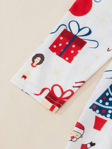 Young Girl White Long Sleeve Soft & Comfortable Round Neck Christmas Santa Claus Print Princess Party Dress, Autumn Winter