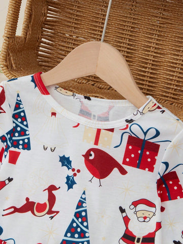 Young Girl White Long Sleeve Soft & Comfortable Round Neck Christmas Santa Claus Print Princess Party Dress, Autumn Winter