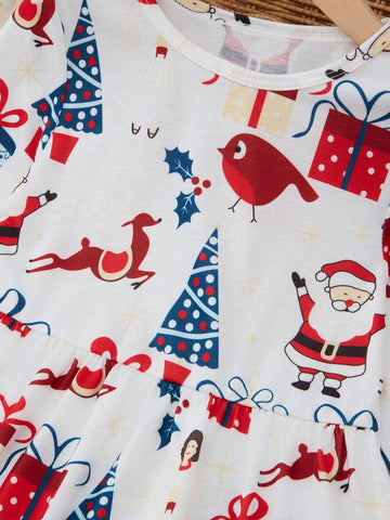 Young Girl White Long Sleeve Soft & Comfortable Round Neck Christmas Santa Claus Print Princess Party Dress, Autumn Winter