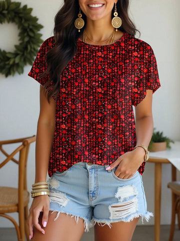 Casual Elegant Women Crew Neck Burgundy Glittery Sparkle Sequin Blouse