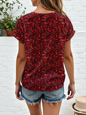 Casual Elegant Women Crew Neck Burgundy Glittery Sparkle Sequin Blouse