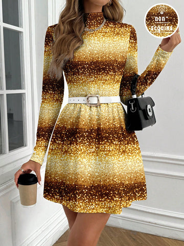 ORANGE STUDIO Artist Golden Glittery Sparkle Sequined Elegant Fitted Casual Dress Eve Outfit For Women, Suitable For Autumn/Winter Holiday/Party/Cocktail, New Year Event, Vacation