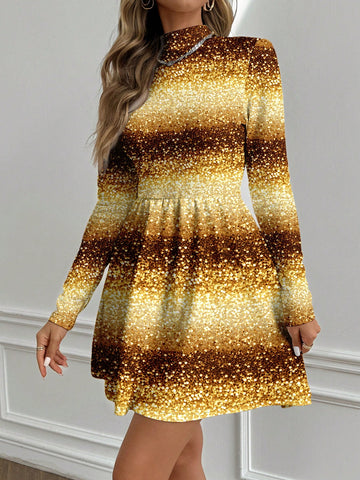 ORANGE STUDIO Artist Golden Glittery Sparkle Sequined Elegant Fitted Casual Dress Eve Outfit For Women, Suitable For Autumn/Winter Holiday/Party/Cocktail, New Year Event, Vacation