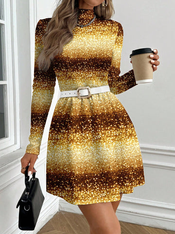 ORANGE STUDIO Artist Golden Glittery Sparkle Sequined Elegant Fitted Casual Dress Eve Outfit For Women, Suitable For Autumn/Winter Holiday/Party/Cocktail, New Year Event, Vacation