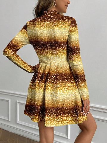 ORANGE STUDIO Artist Golden Glittery Sparkle Sequined Elegant Fitted Casual Dress Eve Outfit For Women, Suitable For Autumn/Winter Holiday/Party/Cocktail, New Year Event, Vacation